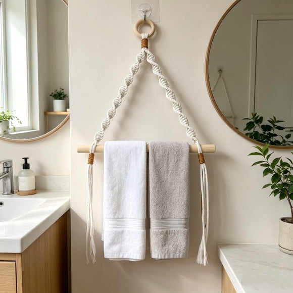 Hand Knotted Macrame Toilet Paper Holder, Wooden Rod Hanging Rack for Tissue, Boho Wall Decor for Bathroom, Kitchen, Cottage