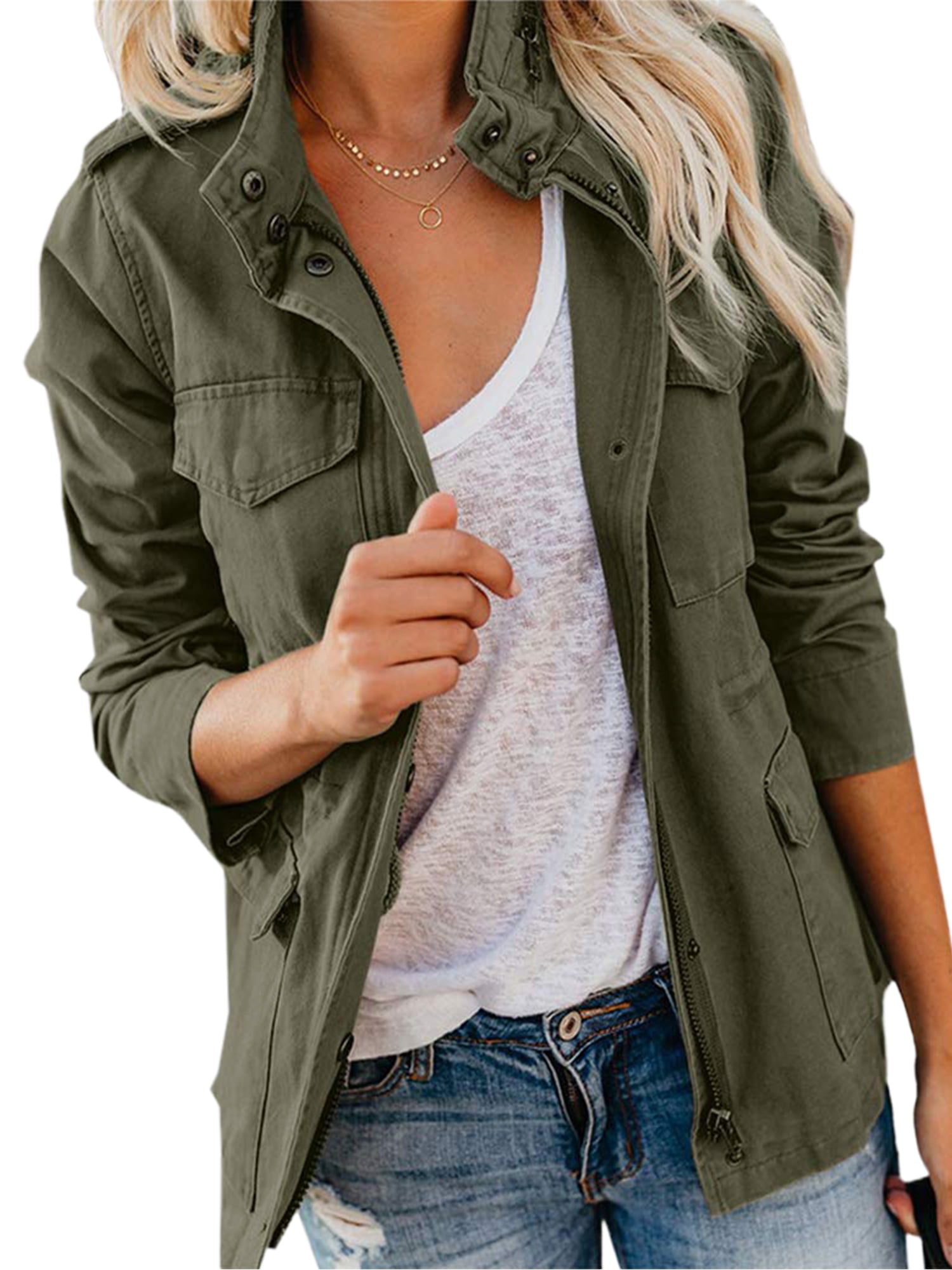 Innerwin Outwear Lapel Women Military Jacket Fall Solid Color Slim Fit Coat Army Green S
