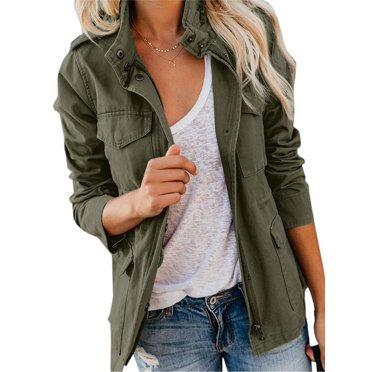 Daeful Ladies Coat Long Sleeve Outwear Fall Lapel Slim Fit Military Jacket Army Green M