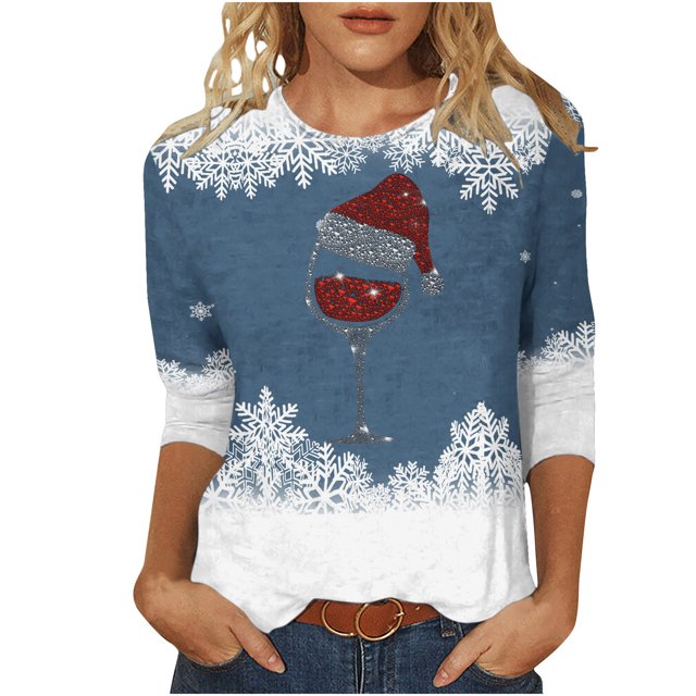 Pisexur Chandails de Noël pour Femmes Chandails à Manches 3/4 pour Femmes Chandails à Col Rond Graphiques Amusants Chandails à Capuchon Décontractés pour les Fêtes de Noël Confort Amples Mode d'Automne Chandails à Enfiler