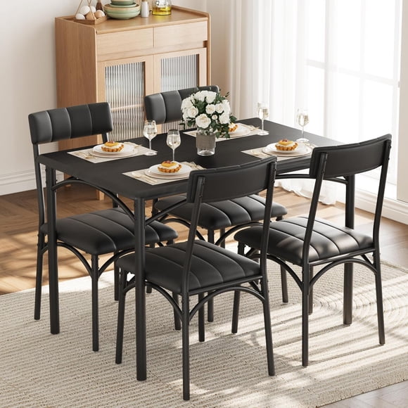 Dining Table Set for 4, Rectangular Kitchen Table and Chairs for Small Space, Modern 5Pcs Dining Room Table Set with Upholstered Seats, Space Saving Furniture for Apartment, Black