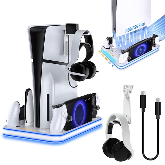Sehawei PS5/PS5 Slim Stand and Cooling Station with RGB Lighting and 3 Level Cooling Fan,Charging Dock for PS5 Edge Controller and PS Portal,Remote Control and Headset h