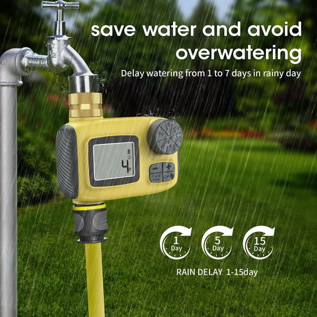 Programmable Garden Hose Sprinkler Timer with Rain Delay Cycle for Efficient Outdoor Yard Irrigation and Water Conservation