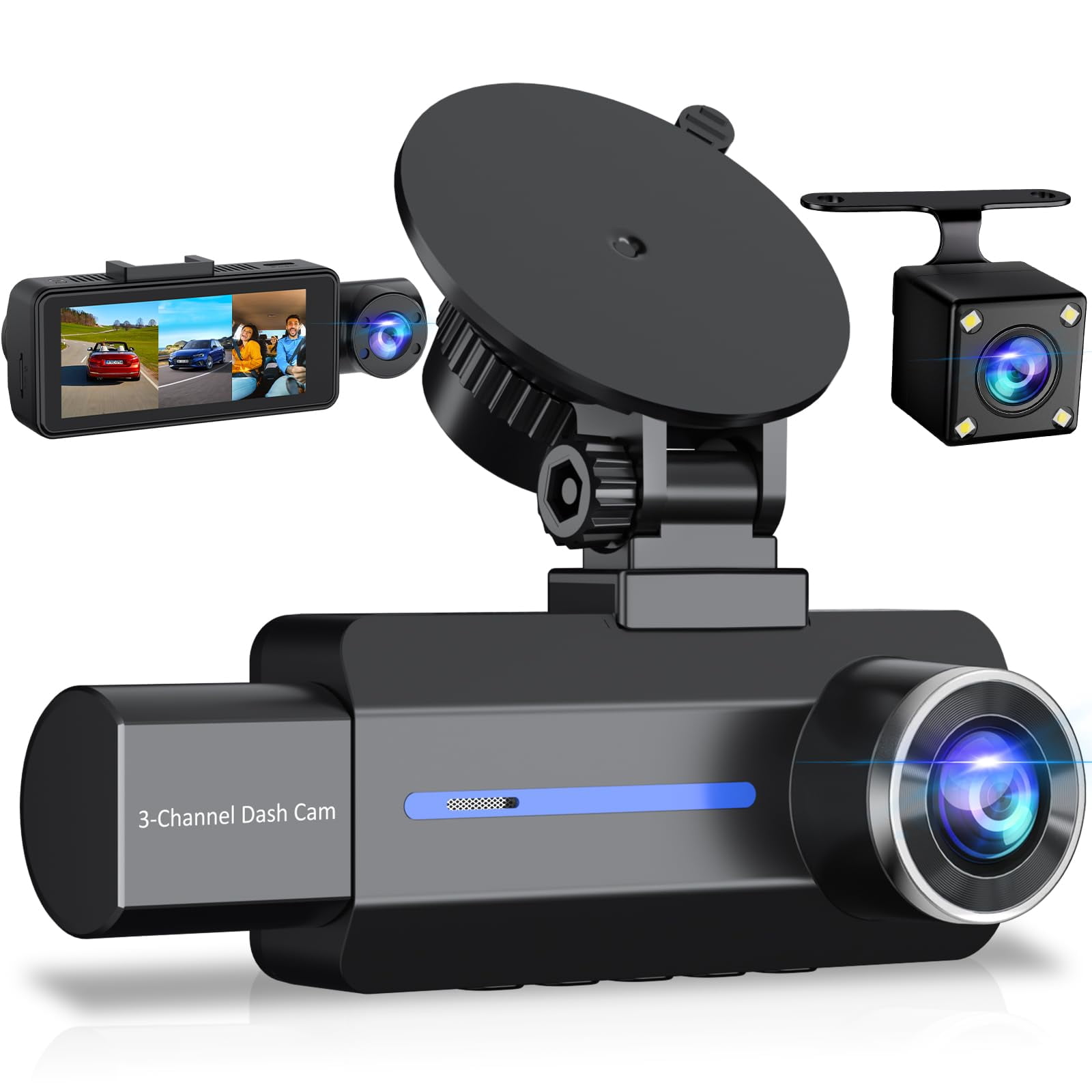BAEASU Dash Cam Front and Rear 2.5K/1440P, 3 Channel Dash Camera for Cars Dash Cam Front Rear and Inside with 32GB Card, 3.16" IPS Screen, G-Sensor,