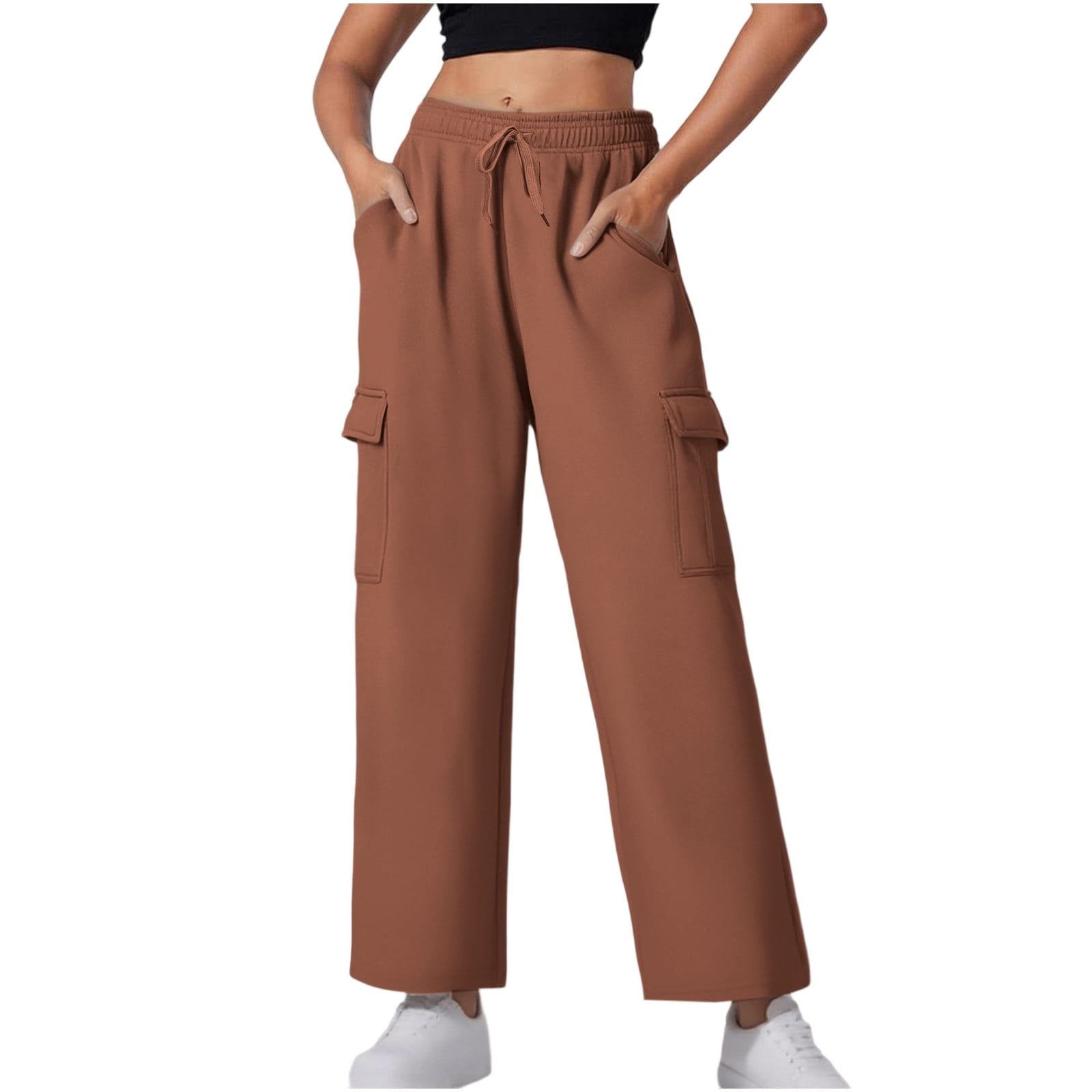 VINUSLI Woman Cargo Pants with Pockets Drawstring Elastic Waist Plus Size Loose Pant Wide Leg Stretchy Pull On Trousers Coffee,M