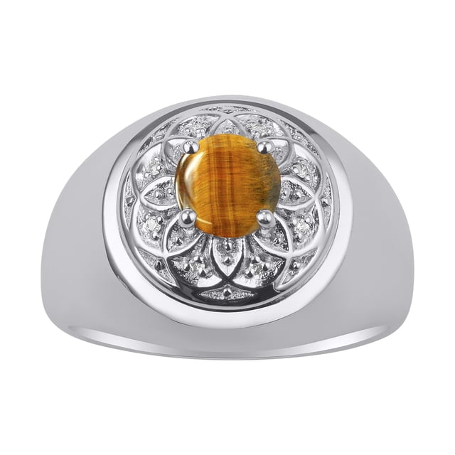 RYLOS Men's Rings Sterling Silver Designer Gypsy 7MM Round Gemstone & Diamond Ring Tiger Eye November Birthstone Size 13