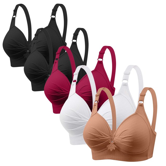 Pisexur 5PC Womens Bras No Underwire Seamless Pleated Full Coverage Bra Wireless Bras for Women Solid Color High Support Everyday Bra Underwear Plus Size Bras for Women