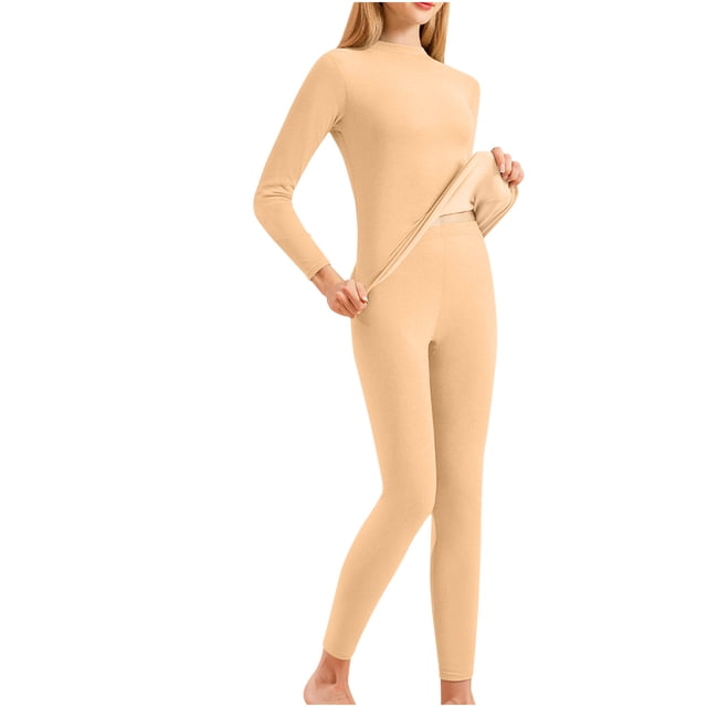 yoeyez sous-Vêtements Thermiques pour Femmes, Couche de Base Col Rond Manches Longues Thermiques Ensemble de Pyjama Doublé en Molleton Haut Bas pour Temps Froid Hiver Ou Printemps Beige,3TG