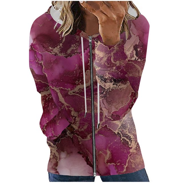 Chandails à Capuche Zippés pour Femmes Rabais de 50 % en Liquidation Mode Manches Longues Fermeture Éclair Ouvert devant Manteau Ample Imprimé Blouse Manteau Hauts Poches Blouse à Capuche