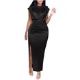 thumbnail image 1 of AherBiu Robe en Satin pour Femmes Élégante à Manches Cap, Col Montant, Froncée, Fendue, Soirée, Cocktail, Maxi, 1 of 5