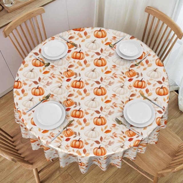Round Tablecloth Fall Pumpkin Leaf Autumn 60 Inch Table Cover for Dining Polyester Cloth with Scalloped Edges Stain Resistance Kitchen Picnic Party Restaurant Decoration