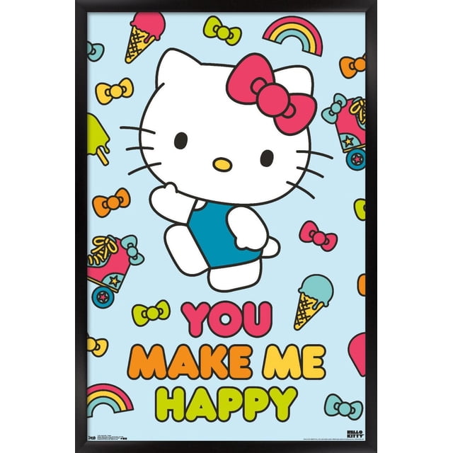 Hello Kitty - Happy Wall Poster with a centered Hello Kitty character wearing a red bow and blue outfit on a light blue background featuring colorful bows, ice cream cones, rainbows, and roller skates, with 'YOU MAKE ME HAPPY' in bold pink, orange, and yellow letters, framed in black, perfect wall art for bedrooms, kids' rooms, or dorms.