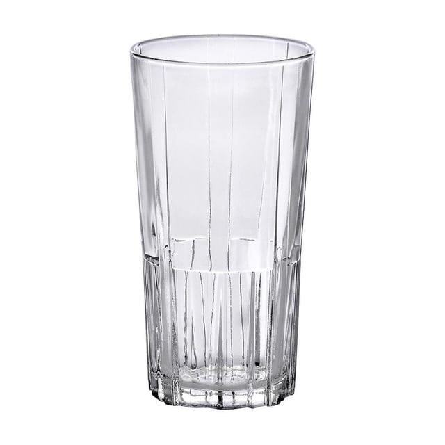Duralex Jazz Clear Highball Glass, set of 6, showing a single clear tempered glass with vintage vertical ribs and tapered cylindrical shape, durable and thermal shock resistant, safe for microwave, dishwasher, and freezer, suitable for hot and cold drinks.