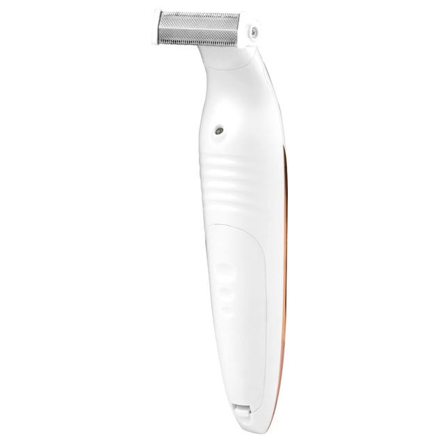 Vivitar Painless Full Body Hair Remover with a white ergonomic electric trimmer featuring a single blade foil head, built-in LED light, detachable adjustable guide comb, and waterproof design for wet or dry use, gliding smoothly along body curves for close shaving.