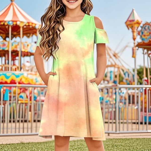 Économies d'Été! Robe d'Été pour Enfants, Robes Décontractées pour Filles en Liquidation, Robe Sans Manches Extensible pour Filles, Robe Trapèze Tournoyante pour Récital Scolaire, Robe à Manches Courtes et Col Rond