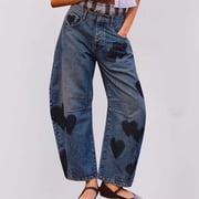 Yourumao Barrel Jeans for Women Love Heart Printed Elastic Waisted Jeans Wide Leg Denim Pants Trendy Jean Trousers with Pocket