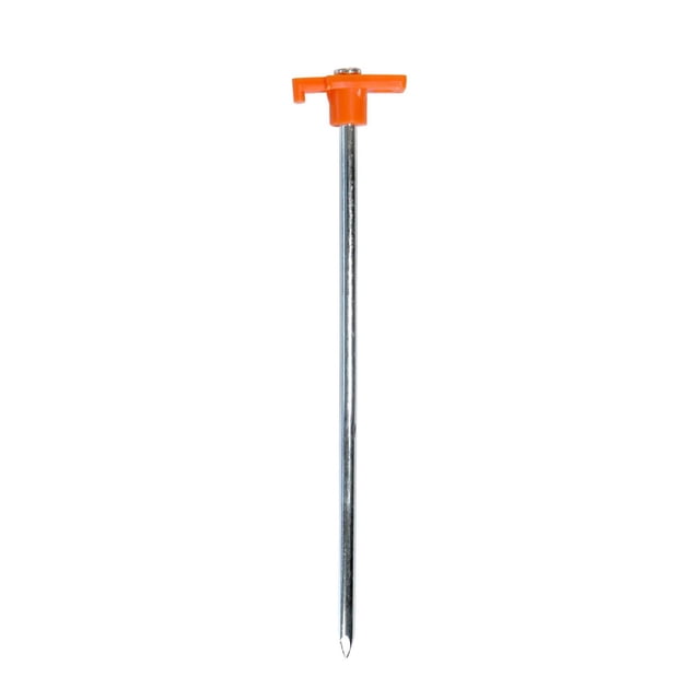 Coghlan's 10-Inch Heavy-Duty Steel Nail Peg with orange T-shaped handle and pointed steel shaft, designed as durable camping stakes and ground anchors for securing tents, tarps, and RV awnings in hard or rocky soil.