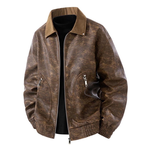 Men's Leather Jacket, Bomber Style Workwear Zipper Front, Vintage PU Motorcycle Jacket For Casual Fall Winter