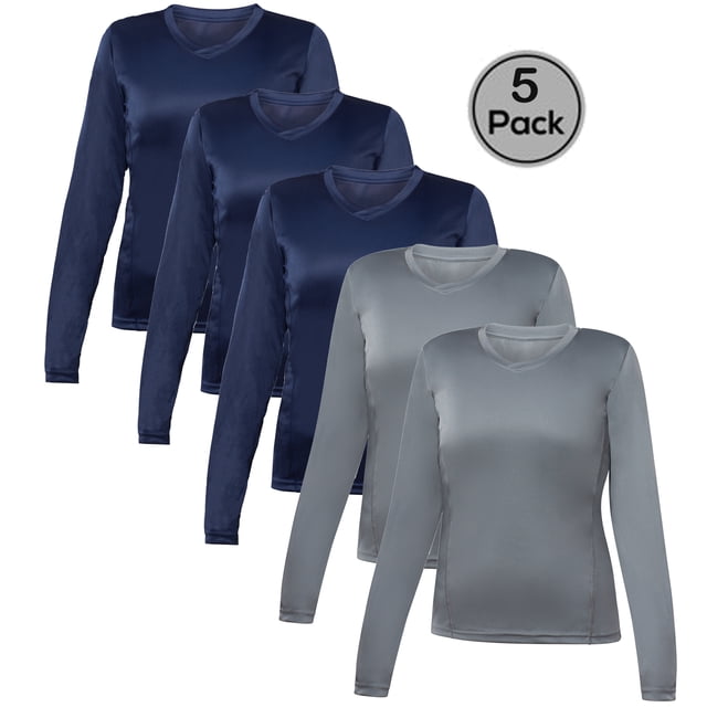 Blank Activewear Lot de 5 T-Shirts à Manches Longues pour Femmes en Bleu Marine et Gris, Fabriqué avec un Tissu de Performance à Séchage Rapide 100 % Doté d'Une Technologie Qui Évacue l'Humidité et Qui Respire. Conçus avec un Col en V et des Surpiqûres à Double Aiguille pour la Durabilité, Ces Hauts Athlétiques à Manches Longues Légers pour Femmes Sont Idéals pour la Course, les Entraînements et l'Usage Quotidien. Chaque Paquet Comprend Cinq Chandails Sans Étiquette avec Étiquettes Détachables.