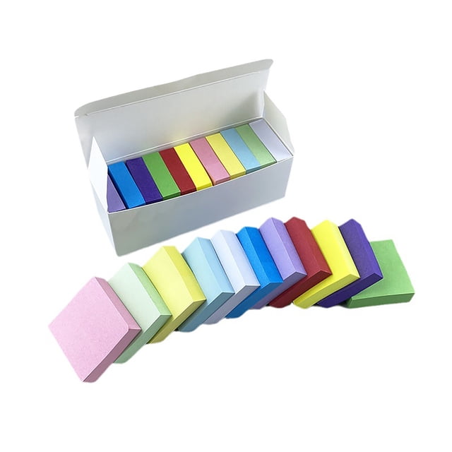 Clearance Warehouse 11Pcs Transparent Sticky Notes in multi-color adhesive vinyl, featuring 11 pads of 1.5x1.5-inch self-stick note pads. Each pad includes 100 sheets in vibrant colors such as red, orange, yellow, green, blue, and purple. The sticky notes are waterproof, repositionable, and leave no residue, making them ideal for books, annotations, office, and school supplies. Displayed in an open white box with the colorful pads arranged in a gradient.