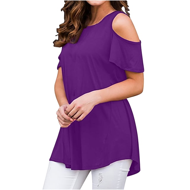 Off the Shoulder Shirts for Women Summer Short Sleeve Solid Color Tank Top Ladies Plus Size Beach Flowy Tees Blouse (Small, Purple)