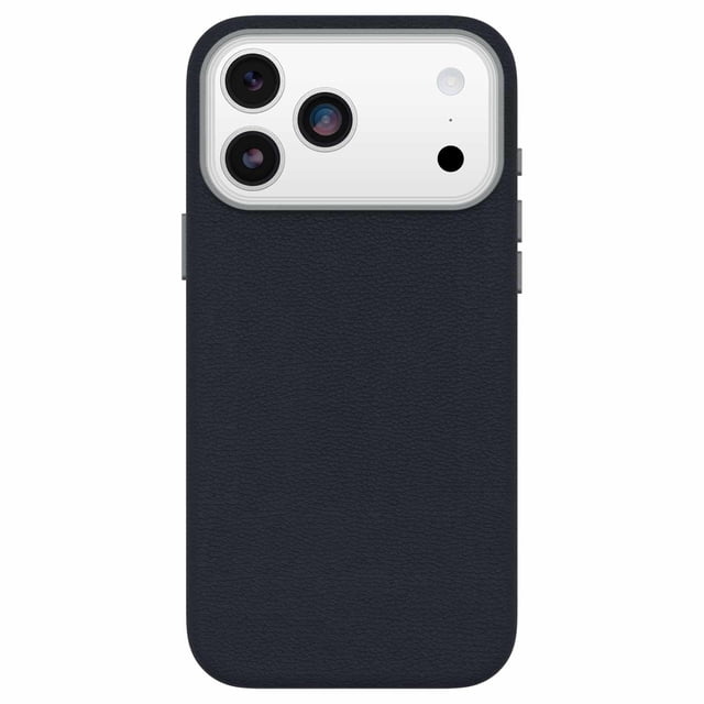 OtterBox Symmetry Cactus Leather MagSafe Case w/Camera Control Riverside (Blue) for iPhone 17 Pro Max, rear view showing dark blue cactus leather texture, metal buttons, protective metal camera crown around triple lenses, slim profile with built-in MagSafe magnets, and felt backing for drop protection.