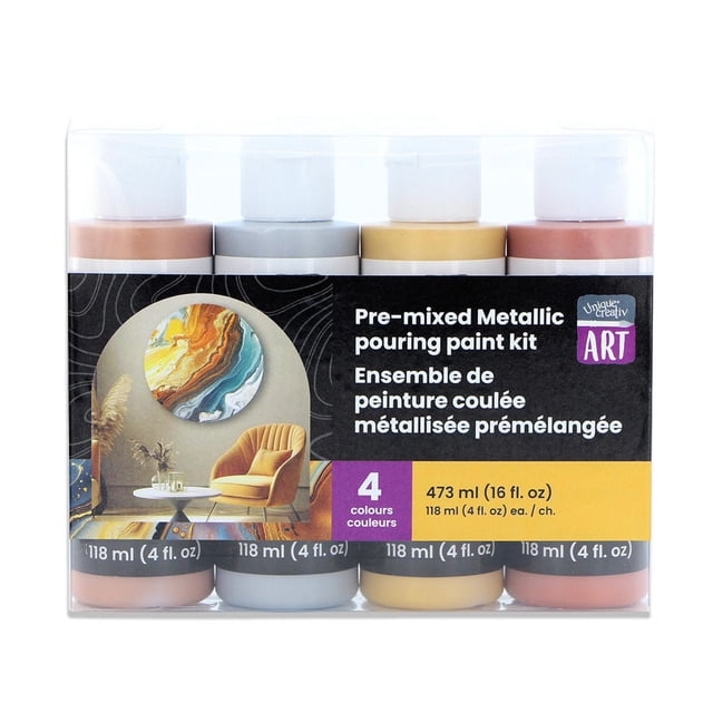 UNIQUE CREATIV ART Trousse de Peinture Métallique pour Coulage avec Quatre Bouteilles de Peinture Métallique Prémélangée de 118 ml en Or rose, Argent, Or et Cuivre, Idéale pour les Projets d'Art Fluide pour Enfants afin de Créer des Tourbillons et des Effets Marbrés avec une Finition Scintillante, Présentée dans un Emballage en Plastique Transparent avec Étiquette.