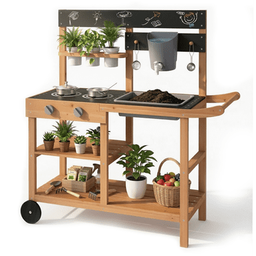 OLAKIDS Cuisine de Boue, Cuisine de Jeu Extérieure avec Roues 3 Tasses Évier Amovible Accessoires de Cuisson Cuisine en Bois pour Enfants Ensemble de Jeu Jouets de Cour Arrière Jardin Cadeau pour Garçons Filles 3+