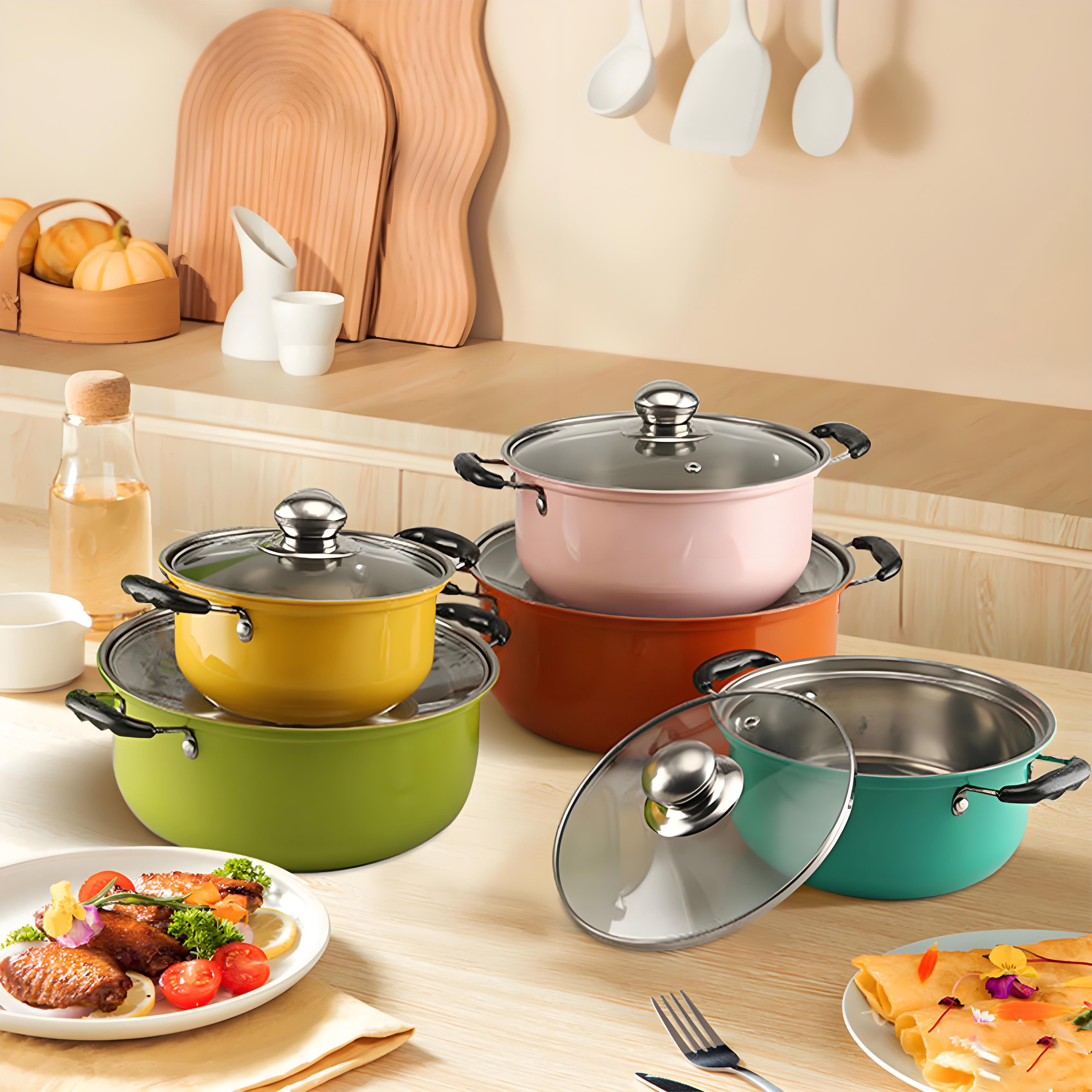 SNNROO 10 piece various colors stainless steel cookware set  non stick cookware set  frying pan  flat bottomed pan  stew pot  equipped with lid  multifunctional  stylish and durable  suit