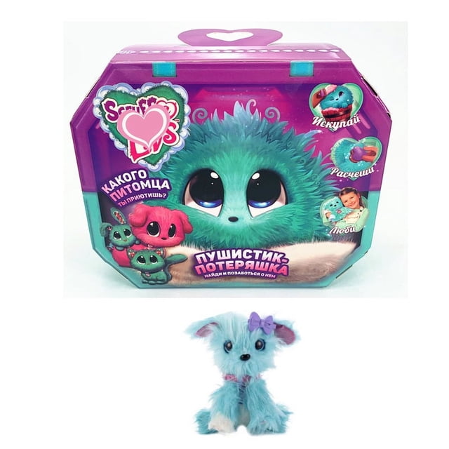 Little Live Pets Scruff-a-Luvs Plush Mystery Rescue Pet toy featuring a surprise animal such as a rabbit, dog, or cat. The packaging showcases a teal plush pet with large eyes and a fluffy texture, alongside smaller illustrations of other possible pets. The toy is designed for children and includes features like a fluffy mane, sparkling parts, and soft plush fabric. Suitable for gifting on occasions like birthdays, Christmas, or Easter.