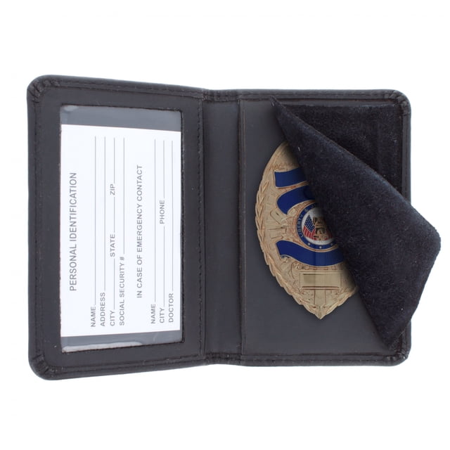 ASR Federal Black Bifold Leather ID Card and Badge Holder Police Gear, Shield compact black genuine leather bi-fold badge holder with recessed shield cut-out, clear vinyl ID slot and suede protector flap, smooth turned edges and rounded corners; measures 3.5 x 4.5 in with maximum ID 2.75 x 4 in; suitable for carrying a single event or training credential.
