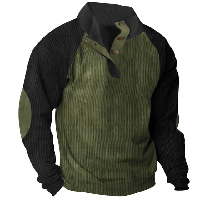 Besolor Mens Corduroy Sweatshirts Color Block Lapel Collar Button up Pullover Mock Neck Long Sleeve Sweaters Tops