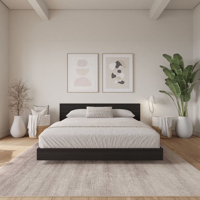Lit plateforme bas Nexera Satori avec tête de lit King Chêne Noir
