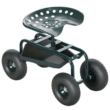 Outsunny Chariot de Jardin avec Plateau à Outils, Pivotement à 360° et Siège à Hauteur Réglable