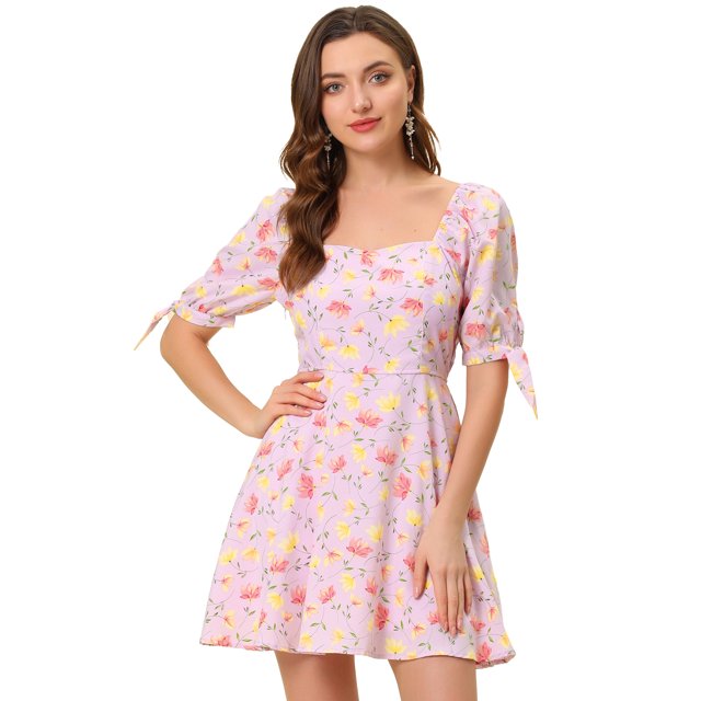 INSPIRE CHIC Women's Floral Sweetheart Neck Puff Sleeve Fit and Flare A-Line Mini Dress