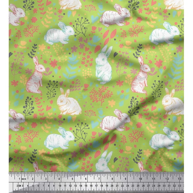 Soimoi Green Velvet Fabric Leaves & Rabbit Animal Printed Fabric 1 Yard 58 Inch Wide