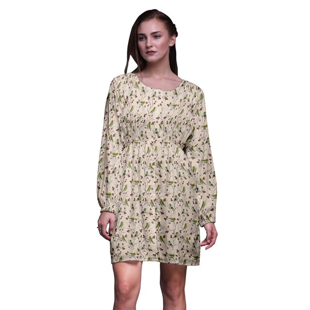 Bimba Robe Midi à Manches Longues pour Femmes, Coupe Décontractée, Imprimé Feuilles Blanches et Oiseau Flowerpecker, TG