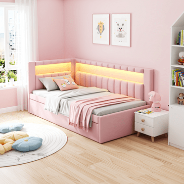 Homy Casa Upholstered Twin Platform Bed with LED Lights and USB Charging Station with Pull Out Trundle for Kids Teens, and Guest Room, Pink