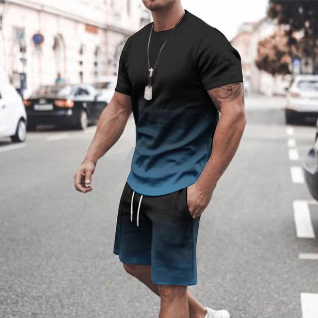 NTACZA Shorts Set Mens Athletic Short Sleeve Shirt Tracksuits Crew Neck Gradient Sweatsuits for Men S
