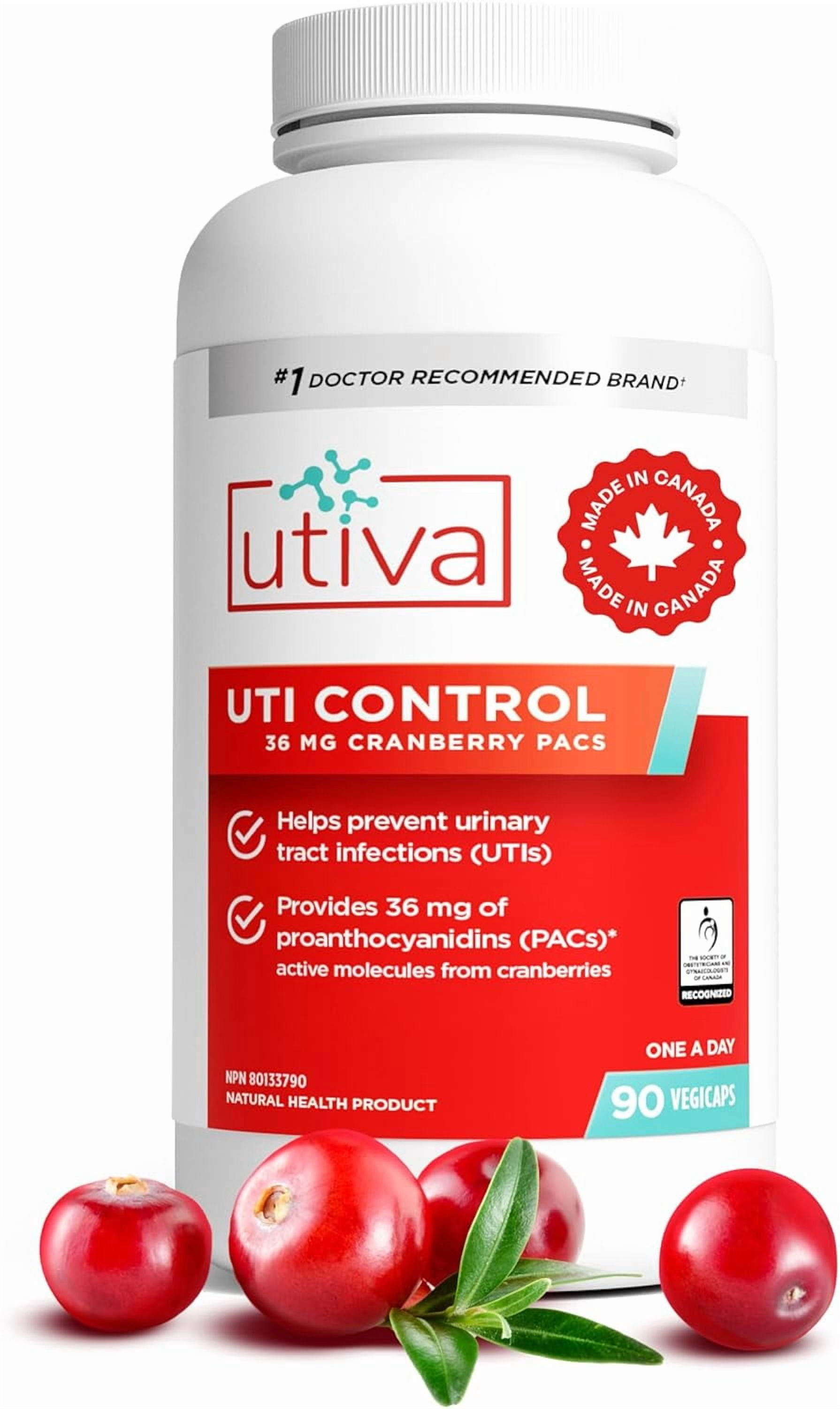 Utiva UTI Control cranberry 36mg PACs—#1 doctor-recommended supplement for UTI prevention. Powerful urinary tract & bladder health support for women and men. 90 veggie capsules. Made in Canada.