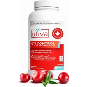 Utiva UTI Cranberry témoin 36mg PAC—1 supplément recommandé par le médecin pour UTI prévention. Voie urinaire puissante & soutien à la santé de la vessie pour les femmes et les hommes. 90 gélules de légumes. Fabriqué au Canada.