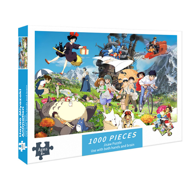 Jigsaw Puzzles for Adults Kids 1000 Pieces featuring a vibrant anime-themed design inspired by Hayao Miyazaki's works. The puzzle box displays colorful characters and scenes, including Totoro, Kiki, and others, set against a scenic background. Suitable for ages 8 and up, the puzzle measures 29.5 x 19.69 inches when completed and includes a high-definition reference poster. Made from high-quality recycled cardboard with a durable finish for long-lasting use.