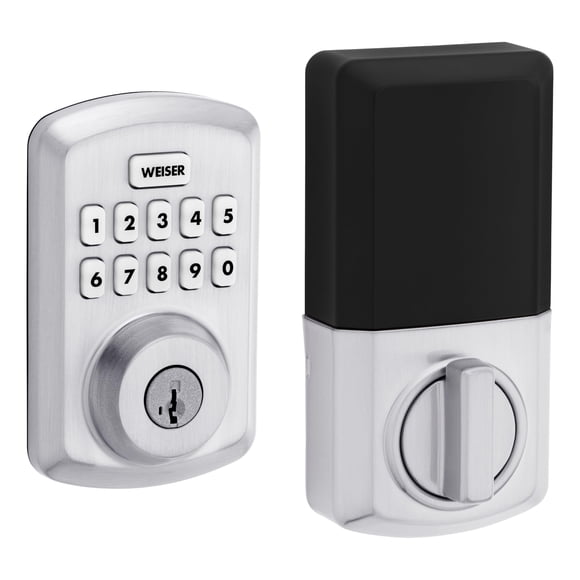 Weiser Powerbolt 3 Chrome Satiné Serrure de Porte Sans Clé/pêne Dormant, Serrure de Porte à Clavier 10 Boutons avec Verrouillage Automatique et Autonomie de 12 Mois, Serrures Électroniques pour Porte d'Entrée, H