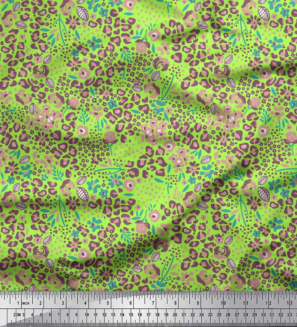 Soimoi Green Rayon Fabric Floral & Leopard Animal Skin Fabric Prints By Yard 42 Inch Wide