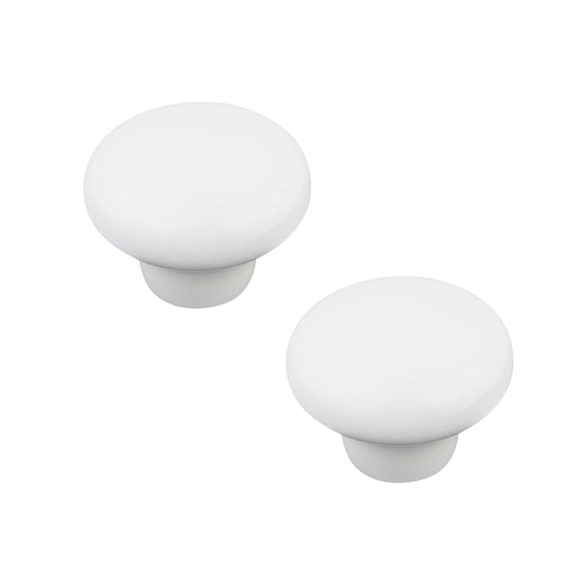 Era Ceramic Knob 8-Pack White featuring two smooth white ceramic cabinet knobs with rounded tops and short cylindrical bases, ideal for cabinet hardware and drawer pulls in traditional, modern, or rustic decor with easy installation included.