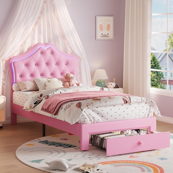 Garvee Twin Velvet Upholstered Platform Bed with LED Lights, Crystal Button Headboard, Storage Drawer, No Box Spring Needed, Princess Bed, Pink