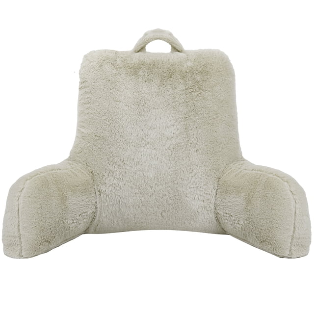 Hometrends Taupe Fur Bedrest pillow in solid taupe faux fur with supportive back and arm cushions and a top handle, ideal for ergonomic support while reading, working, or relaxing in bed or on the floor.
