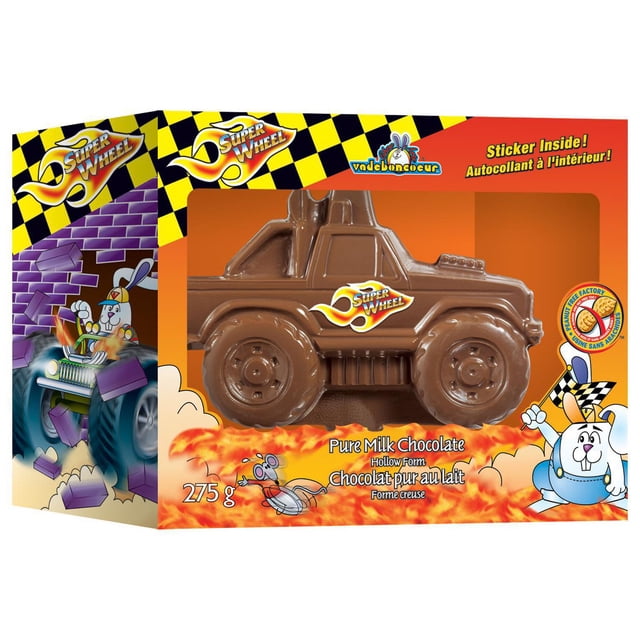 Freddo Superwheel 4x4 milk chocolate hollow truck-shaped chocolate bar with Super Wheel logo on the side, packaged in a colorful box featuring a cartoon rabbit and racing theme, 275 g, peanut-free, nut-free, gluten-free, made in Canada, often used as a fun gift or collectible candy item.