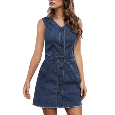 Robe pour Femmes Robes pour Femmes à Manches Longues Automne Robe Décontractée pour Femmes à Col en V Sans Manches Jeans Boutonnée Robe Courte en Denim Vêtements Femme Adulte Bleu Taille g