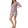 thumbnail image 4 of INSPIRE CHIC Ensemble de Pyjama T-Shirt à Manches Courtes à Carreaux pour Femme avec Short G Violet, 4 of 5